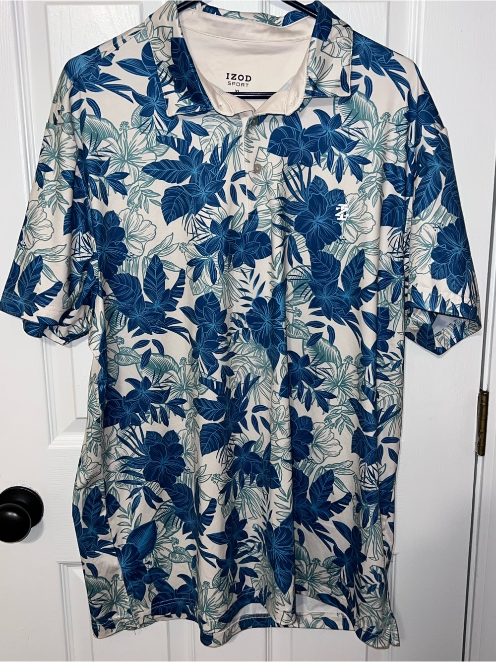 IZOD Sport XL Tropical Floral Performance Golf Polo Blue Cream
